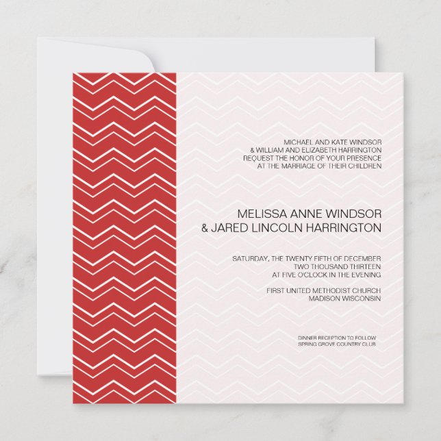 Invitación Negrita Chevron Stripe Red Moderno Asequible (Anverso)