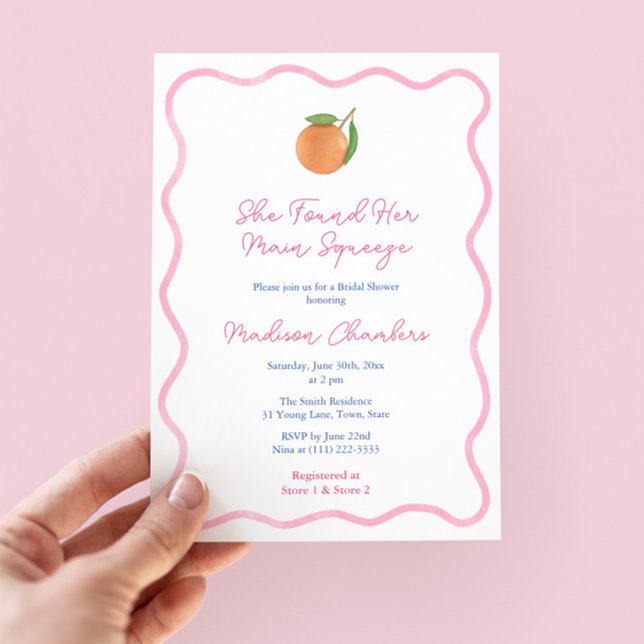 Invitación Negrita Citrus Rosado Principal Squeeze Bridal Duc (Trendy wavy pink border bridal shower invitation with citrus orange and pink and white stripe backer)