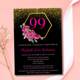 Invitación Negrita Española Chic Negro Dorado y Rosa Cumpleañ