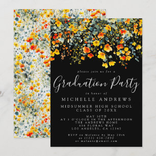 Invitación Negrita fiesta de graduación floral de verano negr
