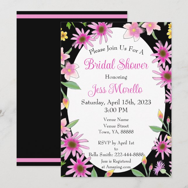 Invitación Negrita Floral Brillante Ducha de agua rosa negro (Anverso / Reverso)