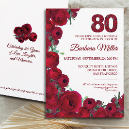 Invitación Negrita Floral Roja 80 cumpleaños