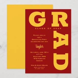 Invitación Negrita GRAD Gold en graduación roja cardinal