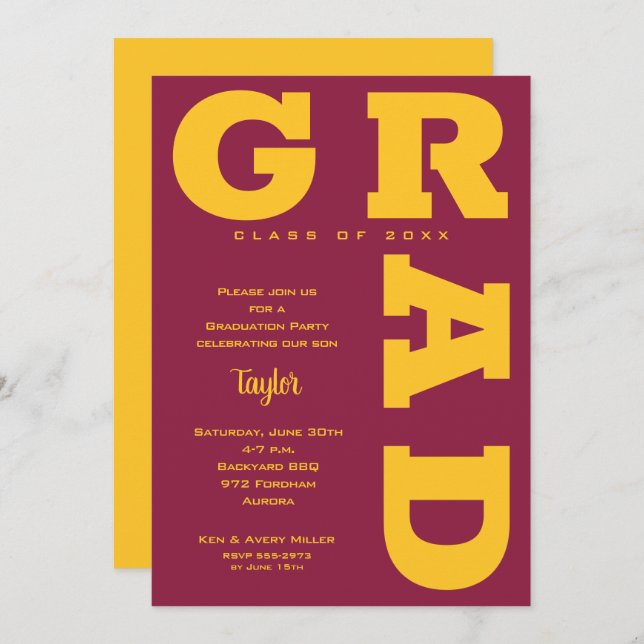 Invitación Negrita GRAD Gold y graduación de marrón (Anverso / Reverso)