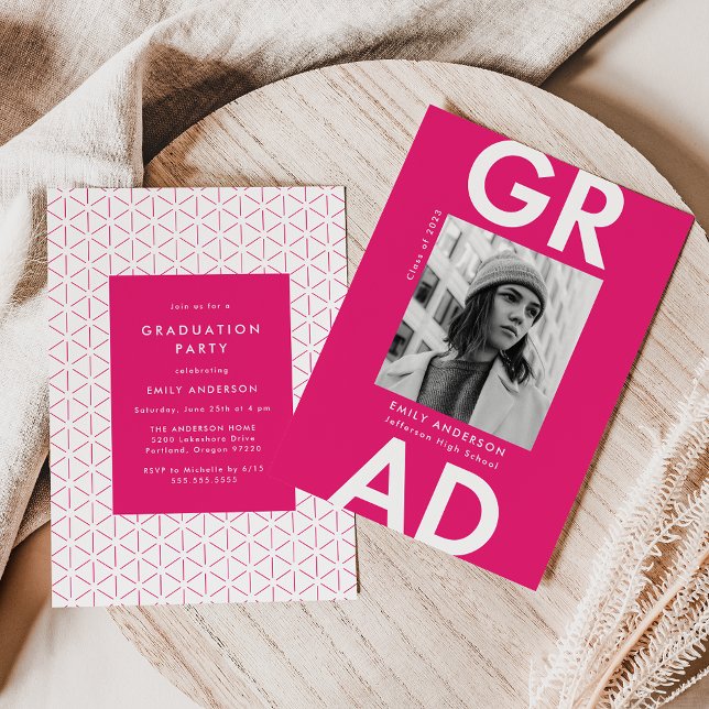 Invitación Negrita Grad Hot Pink Photo Graduation Party (Subido por el creador)
