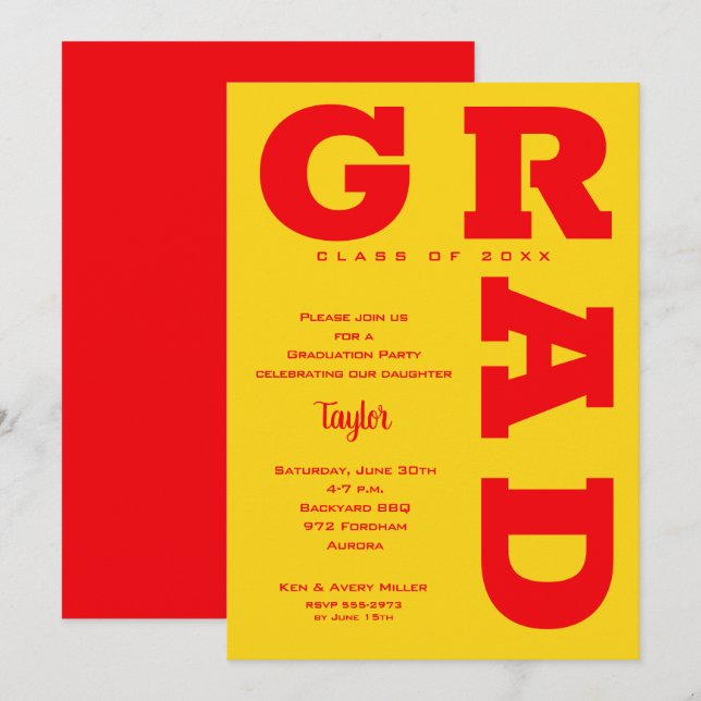Invitación Negrita GRAD Red en graduación amarilla (Anverso / Reverso)