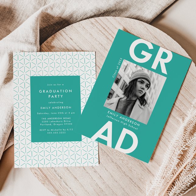 Invitación Negrita Grad Turquoise Photo Graduation Party (Subido por el creador)