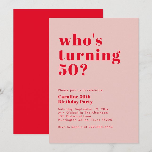 Invitación Negrita moderna que cumple 50 años | Cumpleaños Ro (Anverso / Reverso)