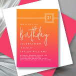 Invitación Negrita Naranja rosa caliente Simple Mínimo 21 cum<br><div class="desc">Audaz, hermosa y tan elegante, esta sencilla y mínima invitación a la fiesta de cumpleaños 21 tiene un ambiente retro. Colores de gradiente oscuro en tonos naranjas y rosa cálido se mezclan en una explosión de colores perfecta para una celebración. Los colores se asemejan a un amanecer y a los...</div>