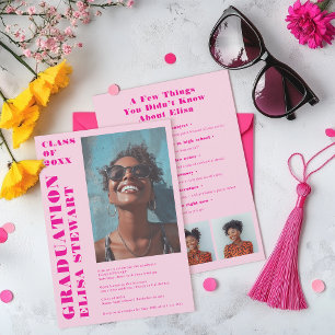 Invitación Negrita Neon Retro Rosa Moderno 4 fotos Graduación