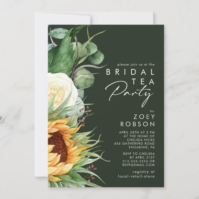 Invitación Negrita País Girasol Dark Verde Bridal Tea Fiesta (Anverso)