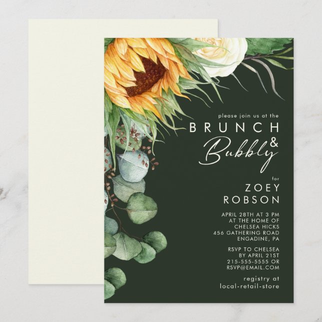 Invitación Negrita País Giro oscuro Verde Brunch & Bubbly (Anverso / Reverso)