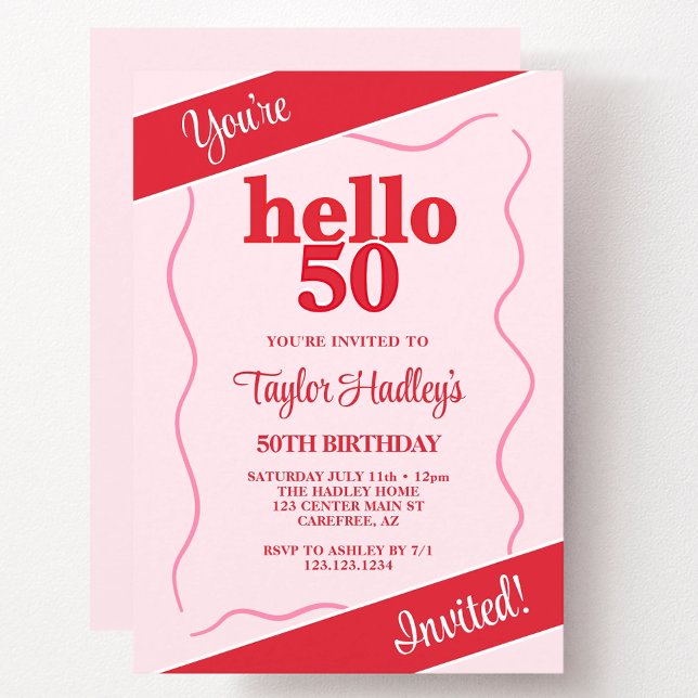 Invitación Negrita Rojo rosa Moderno 50 cumpleaños (Subido por el creador)