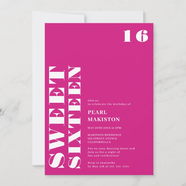 Invitación Negrita simple neón rosa dulce 16 cumpleaños (Anverso)