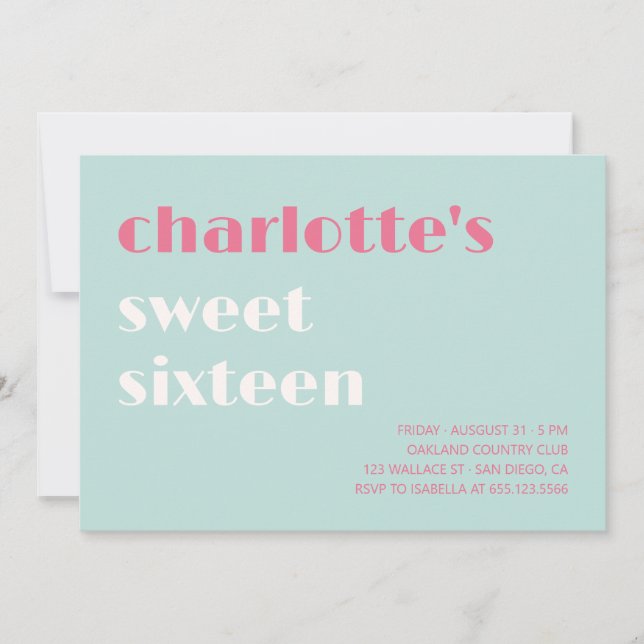 Invitación Negrita tipográfica simple rosa dulce dieciséis (Anverso)