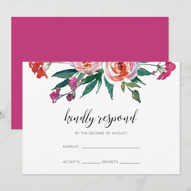 Invitación Negrita Watercolor Floral Wedding RSVP (Anverso / Reverso)