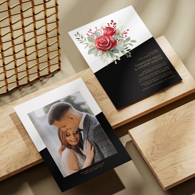 Invitación Negrita y bella: Boda de rosas rojas acuarelas (Bold & Beautiful: Watercolor Red Roses Wedding Invitation)