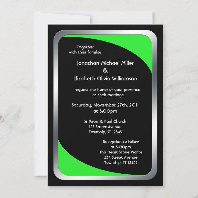 Invitación Negro alternativo con Boda verde neón (Anverso)