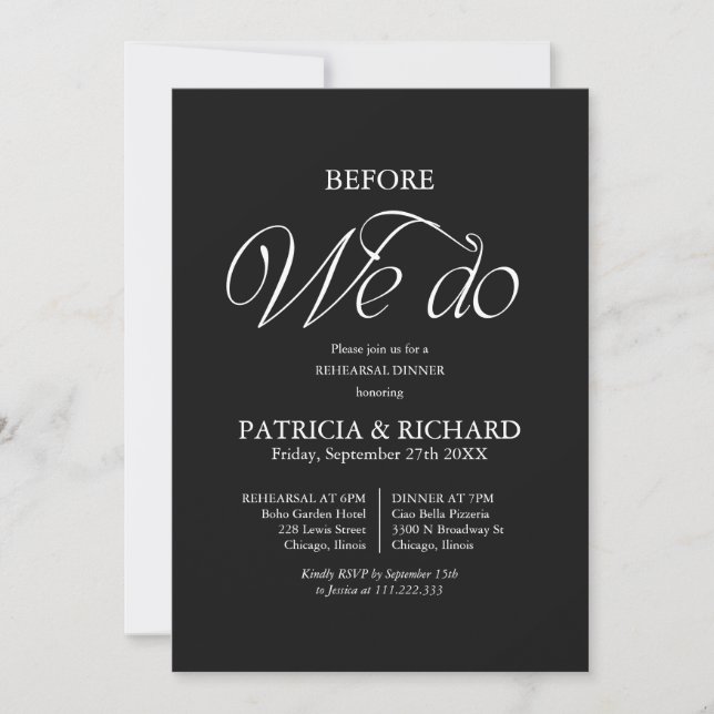 Invitación Negro Antes de la Cena de Ensayo de Boda (Anverso)