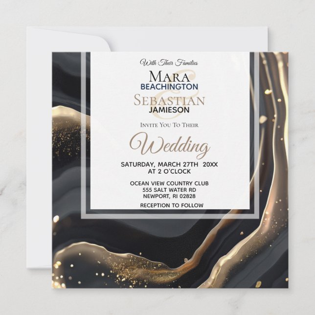 Invitación ~ Negro AR66 RSVP Agate Marble QR Boda (Anverso)