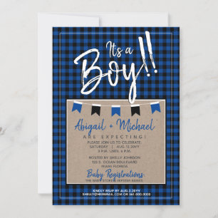 Invitación Negro + azul Es un niño morrón pegado a Baby Showe
