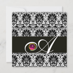 Invitación NEGRO BLANCO  DAMASCO MONOGRAMA Rosa Fucsia Amatis