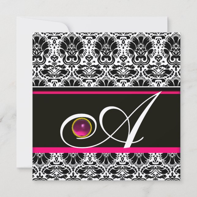 Invitación NEGRO BLANCO FUCHSIA  DAMASCO MONOGRAMA Oro Amethy (Anverso)