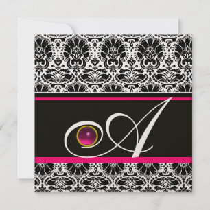 Invitación NEGRO BLANCO FUCHSIA DAMASCO MONOGRAMA Oro Amethy