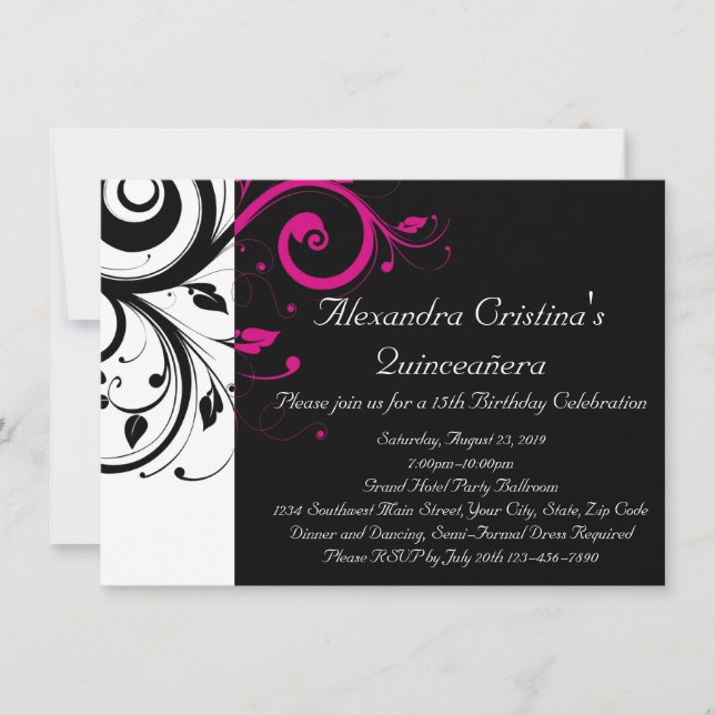 Invitación Negro, Blanco, Gigante Magenta Swirl Quinceañera (Anverso)