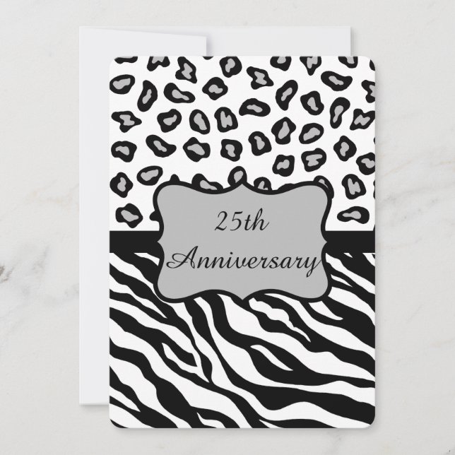 Invitación Negro Blanco Gris Cebra Leopardo 25 Aniversario (Anverso)