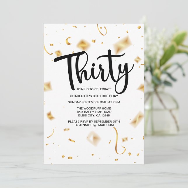 Invitación Negro blanco moderno de cumpleaños número 30 | Cum (Anverso de pie)
