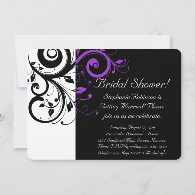 Invitación Negro, blanco, morado, ducha de novia / general (Anverso)
