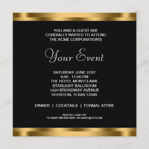 Invitación Negro Blanco Oro Corbata Negra Fiesta Corporativa