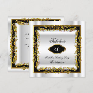 Invitación Negro Blanco Oro Fabuloso 40 Cumpleaños Elegante