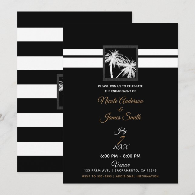 Invitación Negro Blanco Palmeras Tropicales Moderno Compromis (Anverso / Reverso)