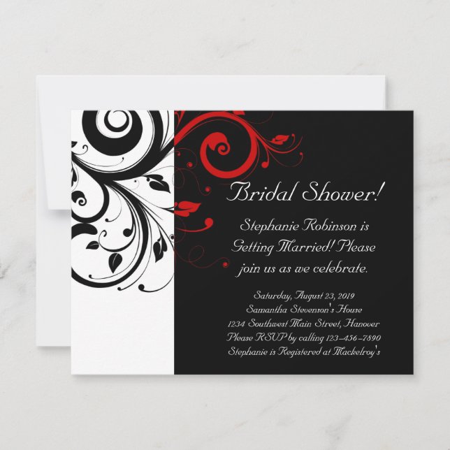 Invitación Negro, blanco, rojo Swirl Bridal Shower / general (Anverso)