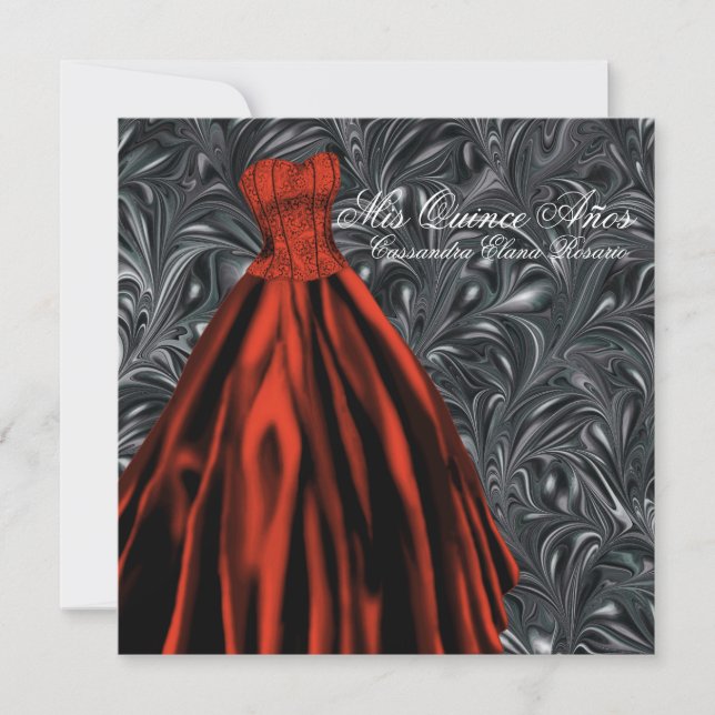 Invitación Negro Blanco Rojo Vestido Negro Rojo Quinceanera (Anverso)