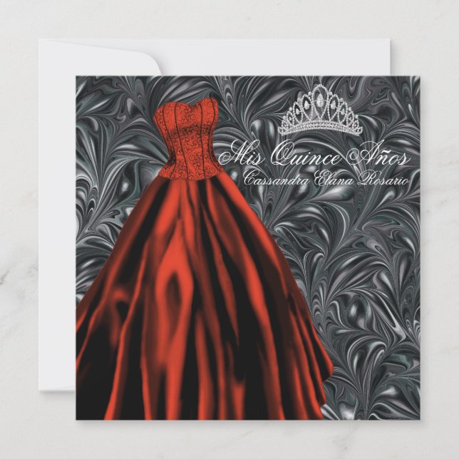Invitación Negro Blanco Rojo Vestido Negro Rojo Quinceanera (Anverso)