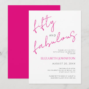 Invitación Negro Blanco Rosa 50 y Fabuloso Cumpleaños Minimal