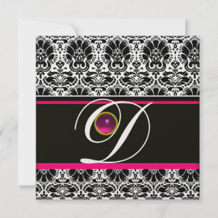 Invitación NEGRO BLANCO ROSA DAMASCO MONOGRAMA Amatista Hielo
