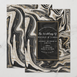 Invitación Negro Blanco y Dorado Chic Remolino Boda Moderna