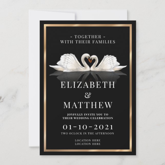 Invitación Negro, blanco y oro temática con Boda de los cisne (Anverso)