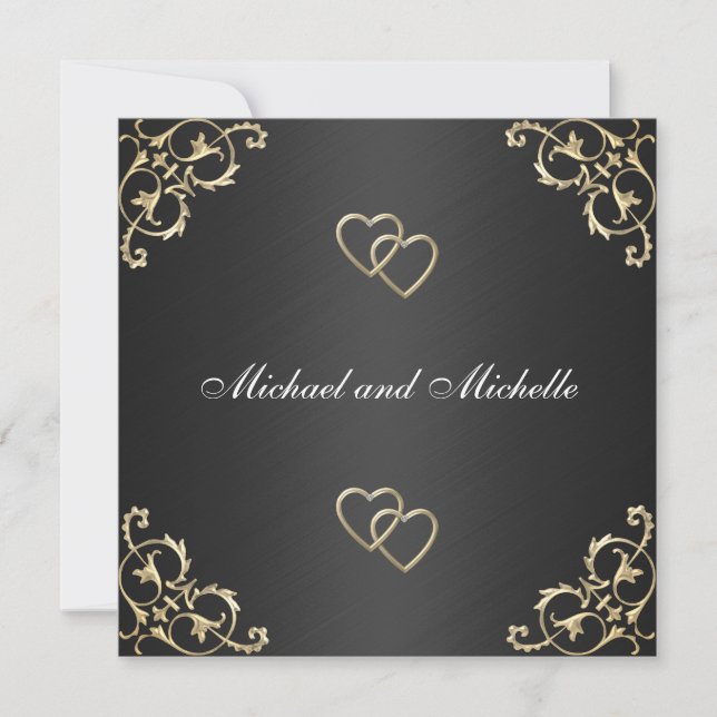 Invitación Negro boda con recortes Metalizado de oro (Anverso)