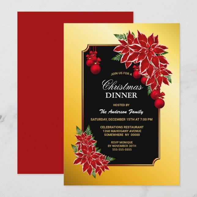 Invitación Negro borde dorado con cena de Navidades de Poinse (Anverso / Reverso)