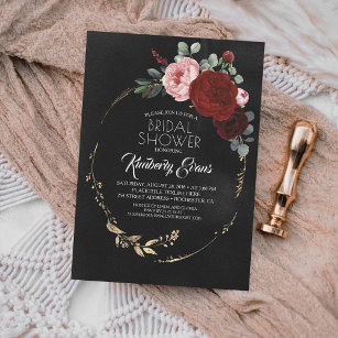 Invitación Negro Borgoña Rojo y Dorado Floral Bridal Shower