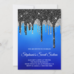 Invitación Negro Brillante Plateado Destellos Azul Ombre Dulc
