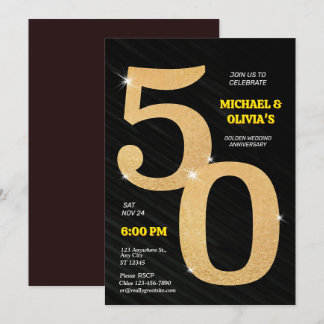 Invitación Negro Brillante y Dorado 50 Aniversario de Oro