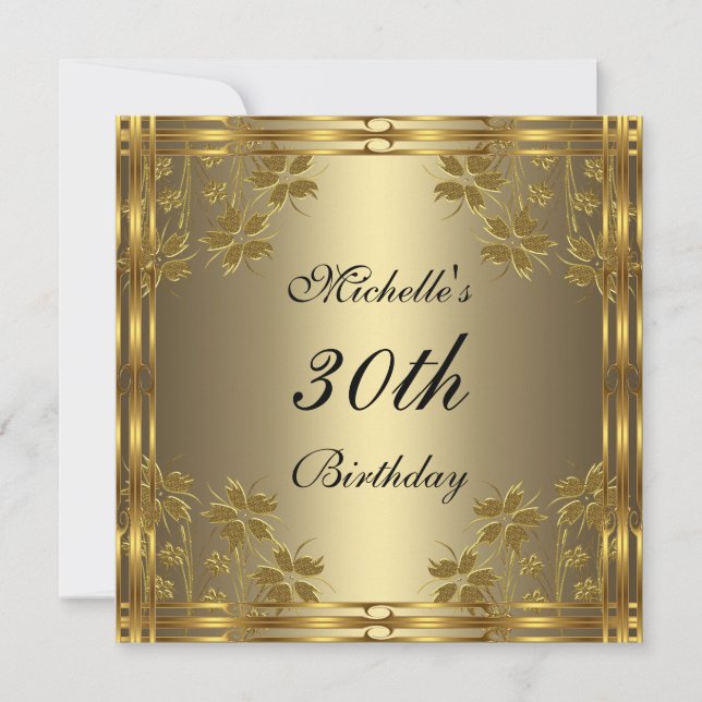 Invitación Negro Bronce Dorado & Flores Doradas (Anverso)