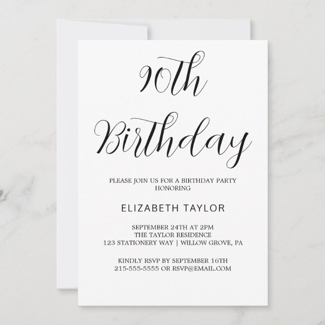 Invitación Negro Caligrafía Atemporal Cumpleaños 90  (Anverso)