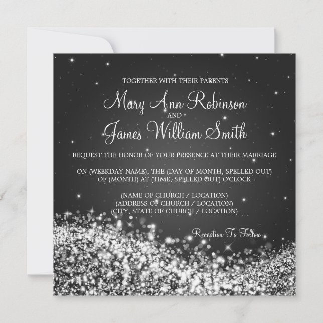 Invitación Negro chispeante de la onda 2 de la boda elegante (Anverso)
